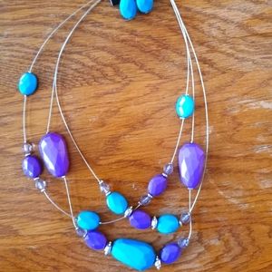 Teal and purple stone with silver wire necklace, earring set